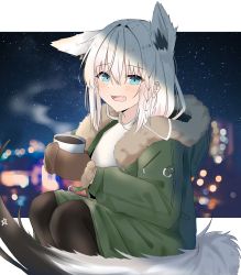 Rule 34 | 1girl, absurdres, animal ear fluff, animal ears, black pantyhose, blurry, blurry background, blush, braid, brown gloves, ear down, extra ears, fang, fox ears, fox girl, fox tail, fur-trimmed jacket, fur trim, gloves, green eyes, green jacket, hair between eyes, highres, holding up, hololive, jacket, korean commentary, letterboxed, long hair, looking at viewer, open clothes, open jacket, open mouth, pantyhose, pentagram, shirakami fubuki, shirt, sidelocks, single braid, sitting, skin fang, solo, tail, virtual youtuber, white hair, white shirt, zkzk
