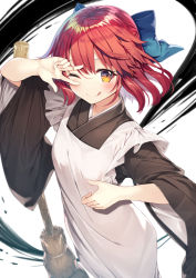 Rule 34 | 1girl, apron, arm up, black kimono, blue bow, bow, broom, brown eyes, commentary request, frilled apron, frills, gurasion (gurasion), hair between eyes, hair bow, japanese clothes, kimono, kohaku (tsukihime), long hair, long sleeves, looking at viewer, maid, red hair, solo, tsukihime, v over eye, wa maid, white apron, white background, wide sleeves