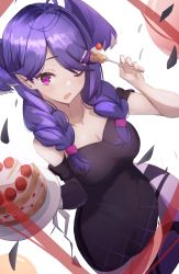 Rule 34 | 1girl, absurdres, black dress, blush, braid, breasts, cake, cake slice, cleavage, dragon girl, dress, food, fork, head wings, heterochromia, highres, holding, holding fork, holding plate, looking at viewer, medium breasts, medium hair, nijisanji, nijisanji en, one eye closed, plate, pointy ears, purple eyes, purple hair, selen tatsuki, solo, standing, strawberry shortcake, twin braids, virtual youtuber, white background, wings