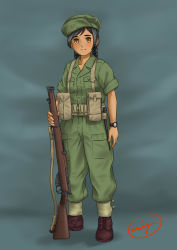 Rule 34 | 1girl, absurdres, ankle boots, bayonet, black hair, blush, bolt action, boots, braid, brown eyes, commentary, dark-skinned female, dark skin, freckles, gaiters, gun, gun sling, hat, highres, lee-enfield, load bearing equipment, looking at viewer, mardjan, military, military uniform, netherlands, original, rifle, signature, simple background, smile, soldier, solo, twin braids, uniform, watch, weapon, wristwatch