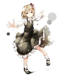 Rule 34 | 1girl, black footwear, black skirt, blonde hair, collared shirt, full body, gorilla (bun0615), hair ribbon, highres, long sleeves, looking at viewer, mary janes, outstretched arms, red eyes, red ribbon, ribbon, rumia, shirt, shoes, skirt, skirt set, socks, solo, spread arms, standing, standing on one leg, touhou, vest, white background, white shirt, white socks, wing collar