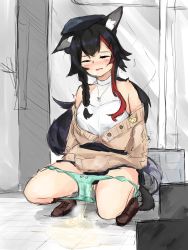 Rule 34 | 1girl, absurdres, alley, animal ears, black hair, blush, clochetteravine, closed eyes, highres, hololive, multicolored hair, ookami mio, outdoors, panties, panty pull, peeing, puddle, solo, squatting, streaked hair, tail, underwear, virtual youtuber, wolf ears, wolf girl, wolf tail