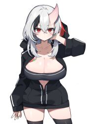 Rule 34 | 1girl, absurdres, black thighhighs, breasts, commission, grey hair, highres, large breasts, original, red eyes, simple background, solo, thighhighs, thighs, wang0424, white background