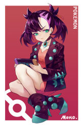 1girl :t absurdres asymmetrical_bangs black_boots black_choker black_hair black_jacket black_nails boots border choker creatures_(company) dress ear_piercing full_body game_freak green_eyes hair_ribbon handheld_game_console highres holding holding_handheld_game_console jacket looking_at_viewer marnie_(pokemon) nan_xia_a_you nintendo piercing pink_dress pokemon pokemon_swsh pout ribbon sitting solo thighs twintails undercut v-shaped_eyebrows white_border