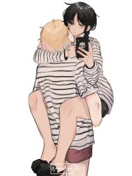 Rule 34 | 2girls, absurdres, addams family, animification, black eyes, black hair, black nails, blonde hair, carrying, carrying person, enid sinclair, highres, holding, holding phone, multiple girls, phone, shirt, simple background, slippers, snooziiharu, striped clothes, striped shirt, twitter username, wednesday (netflix), wednesday addams, white background, yuri