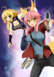 Rule 34 | 2girls, ahoge, animal ears, blush, breasts, cleavage, cosplay, fang, fate/grand order, fate (series), fox ears, fox tail, green eyes, guardians of the galaxy, gun, jacket, large breasts, long hair, looking at viewer, marvel, marvel cinematic universe, multiple girls, nero claudius (fate), nero claudius (fate) (all), nero claudius (fate/extra), open mouth, peter quill, peter quill (cosplay), pink hair, red jacket, setia pradipta, tail, tamamo no mae (fate/extra), taneleer tivan, taneleer tivan (cosplay), weapon, yellow eyes