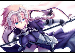 Rule 34 | 1girl, armor, armored dress, bell, black gloves, blonde hair, blue eyes, braid, capelet, chain, commentary request, fate/apocrypha, fate (series), faulds, flag, fur trim, gauntlets, gloves, headpiece, helmet, jeanne d&#039;arc (fate), jeanne d&#039;arc (ruler) (fate), letterboxed, looking at viewer, plackart, single braid, solo, thighhighs, yellow eyes, yude