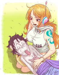 1boy 1girl a_mimishi breasts hat highres large_breasts long_hair monkey_d._luffy nami_(one_piece) on_lap one_piece outdoors tongue tongue_out topless_male unworn_hat unworn_headwear