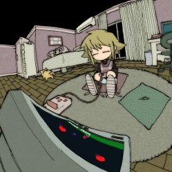 Rule 34 | bed, bedroom, blonde hair, chair, chest of drawers, closed eyes, controller, curtains, desk, famicom, fisheye, game console, game controller, holding, holding controller, holding game controller, indoors, no mouth, pantsu-ripper, pillow, playing games, rug, shoes, sitting, stuffed animal, stuffed toy, television, untied footwear, urotsuki, video game, window, yume 2kki