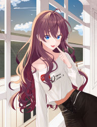Rule 34 | 1girl, :3, absurdres, antenna hair, arm support, black pants, blue eyes, breasts, building, cloud, collarbone, cross-laced clothes, earrings, hair between eyes, highres, huge filesize, ichinose shiki, idolmaster, idolmaster cinderella girls, indoors, jewelry, long hair, long sleeves, looking at viewer, myeongdo, off-shoulder shirt, off shoulder, open mouth, pants, rooftop, shirt, sky, small breasts, smile, smug, solo, sunset, wavy hair, white shirt, window, windowsill