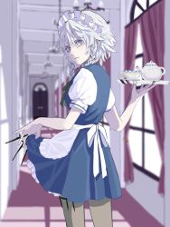 Rule 34 | 1girl, apron, between fingers, blue dress, blue eyes, blurry, blurry background, blush, braid, brown legwear, chandelier, closed mouth, clothes lift, cup, day, door, dress, dress lift, from behind, green ribbon, grey hair, highres, holding, holding knife, holding tray, indoors, izayoi sakuya, knife, knives between fingers, light frown, lips, looking at viewer, looking back, maid, maid apron, maid headdress, nanasuou, puffy short sleeves, puffy sleeves, ribbon, shirt, short dress, short hair, short sleeves, sunlight, teacup, teapot, touhou, tray, twin braids, vanishing point, white shirt, window