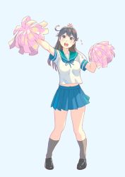 Rule 34 | 1girl, ahoge, aqua eyes, aqua sailor collar, arm up, black hair, blue background, blue skirt, breasts, cheerleader, collarbone, flying sweatdrops, full body, grey socks, hair between eyes, hair ornament, head tilt, highres, holding, kantai collection, large breasts, light, loafers, long hair, looking at viewer, navel, neck ribbon, open mouth, outstretched arm, pleated skirt, pom pom (cheerleading), raised eyebrow, ribbon, sailor collar, school uniform, serafuku, shoes, short sleeves, side ahoge, simple background, skirt, socks, solo, standing, teeth, ushio (kancolle), yuuji (and)