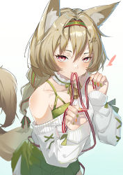 Rule 34 | 1girl, absurdres, animal ear fluff, animal ears, arknights, bare shoulders, beanstalk (arknights), beanstalk (gift uncompleted) (arknights), bell, blush, braid, closed mouth, cowboy shot, dress, eyebrows hidden by hair, fang, fingernails, from above, green dress, green nails, green ribbon, hair ribbon, heart, highres, long fingernails, long hair, long sleeves, looking at viewer, looking up, luomuzhen, nail polish, neck bell, neck garter, off-shoulder sweater, off shoulder, official alternate costume, orange nails, red eyes, ribbon, single braid, sleeves past wrists, smile, solo, sweater, tail, white sweater