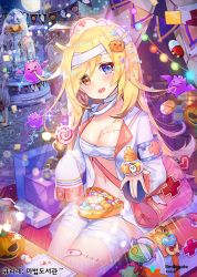 Rule 34 | 1girl, :d, apple caramel, bag, bandages, bandaged head, bandaged leg, bandages, bandaid, bat (animal), blonde hair, blue eyes, breasts, building, candy, cleavage, commentary, confetti, cross, food, food-themed hair ornament, fountain, full moon, hair ornament, hat, heart, heterochromia, jack-o&#039;-lantern, lollipop, long hair, long sleeves, looking at viewer, medium breasts, moon, motion blur, navel, night, nurse cap, official art, open clothes, open mouth, open shirt, orange eyes, outdoors, pill, pumpkin hair ornament, qurare magic library, sarashi, shirt, sidelocks, sleeves past fingers, sleeves past wrists, smile, solo focus, market stall, stitches, stuffed animal, stuffed toy, swirl lollipop, tears, tent, very long hair, water, white shirt, wing collar