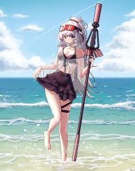 Rule 34 | 1girl, absurdres, arknights, bare legs, bare shoulders, barefoot, bikini, bikini skirt, black bikini, black skirt, blue sky, cloud, commentary request, day, gaoling gangqin, goggles, goggles on head, grey eyes, highres, holding, holding staff, long hair, long sleeves, looking at viewer, miniskirt, mulberry (arknights), ocean, off-shoulder shirt, off shoulder, ponytail, see-through, shirt, skirt, sky, smile, solo, staff, standing, standing on one leg, swimsuit, thigh strap, thighs, very long hair, wading, water, white hair