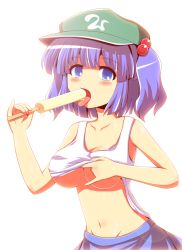 Rule 34 | 1girl, bad id, bad pixiv id, blue eyes, blue hair, blush, breasts, cleavage, clothes lift, collarbone, female focus, food, hair bobbles, hair ornament, hat, ice cream, kawashiro nitori, kisaragi zwei, large breasts, licking, looking at viewer, matching hair/eyes, md5 mismatch, midriff, navel, open mouth, popsicle, sexually suggestive, shirt lift, short hair, skirt, solo, tank top, tongue, tongue out, touhou, twintails, two side up, underboob, undershirt