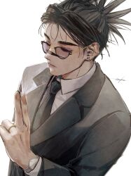 Rule 34 | 1boy, 28cg, absurdres, black hair, choso (jujutsu kaisen), closed eyes, closed mouth, collared shirt, double bun, facial tattoo, formal, glasses, grey suit, hair bun, highres, jewelry, jujutsu kaisen, male focus, necktie, ring, shirt, signature, solo, suit, tattoo, upper body, watch, white background, wristwatch