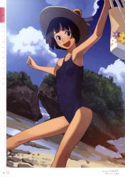 Rule 34 | 1girl, :d, absurdres, armpits, bare legs, bare shoulders, beach, black eyes, black hair, blue sky, cloud, day, dutch angle, flower, hat, highres, one-piece swimsuit, open mouth, original, outdoors, school swimsuit, short hair, sky, smile, solo, sun hat, sunflower, swimsuit, takamichi