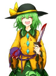 Rule 34 | 1girl, bad id, bad pixiv id, blade, blood, bloody tears, bloody weapon, blouse, bow, closed eyes, crying, diamond (shape), eyeball, floral print, frilled shirt collar, frilled sleeves, frills, green hair, green skirt, hat, hat bow, highres, holding, holding weapon, kankan33333, knife, komeiji koishi, long sleeves, rose print, self-harm, shirt, short hair, simple background, skirt, smile, solo, third eye, touhou, weapon, white background, wide sleeves, yellow shirt