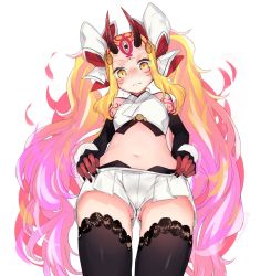 Rule 34 | 1girl, bare shoulders, black sleeves, black thighhighs, blonde hair, blush, bow, closed mouth, commentary request, cowboy shot, crop top, detached sleeves, facial mark, fang, fang out, fate/grand order, fate (series), forehead mark, from below, gradient hair, hair bow, hair ornament, horns, ibaraki douji (fate), ibaraki douji (fate/grand order), ibaraki douji (swimsuit lancer) (fate), ibaraki douji (swimsuit lancer) (third ascension) (fate), kanro ame (ameko), lace, lace-trimmed legwear, lace trim, long hair, long sleeves, micro shorts, midriff, multicolored hair, navel, nose blush, oni, oni horns, pink hair, short shorts, shorts, sidelocks, simple background, solo, thighhighs, trembling, upshorts, very long hair, wavy mouth, white background, white bow, white shorts, yellow eyes