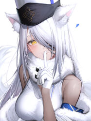 Rule 34 | 1girl, absurdres, animal ear fluff, arknights, bare shoulders, blue heart, blush, breasts, extra ears, finger to mouth, fur trim, gloves, hair over one eye, half gloves, hat, highres, large breasts, looking at viewer, material growth, oripathy lesion (arknights), santalla (arknights), shushing, simple background, solo, tab head, upper body, white background, white gloves, white hair, yellow eyes