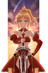 Rule 34 | 1girl, bad id, bad pixiv id, bare shoulders, blonde hair, blush, braid, breasts, clarent (fate), commentary request, fate/apocrypha, fate/grand order, fate (series), green eyes, hair ornament, hair scrunchie, holding, holding sword, holding weapon, long hair, looking at viewer, mordred (fate), mordred (fate/apocrypha), ponytail, red scrunchie, revealing clothes, rnrnmm0624, scrunchie, small breasts, smile, solo, sunset, sword, weapon