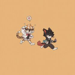 Rule 34 | 1boy, 1girl, aak (arknights), anger vein, angry, animal ear piercing, arknights, arm up, barefoot, black hair, black pants, black shirt, braid, brown background, cat boy, chasing, cherry, chibi, chibi only, commentary, cupcake, food, fruit, full body, furry, furry female, furry male, grey jacket, grey shorts, hair between eyes, hair over one eye, jacket, long sleeves, pants, shirt, short hair, shorts, sirakaro, slit pupils, spoken anger vein, symbol-only commentary, tail, tiger girl, tiger tail, waai fu (arknights), yellow jacket