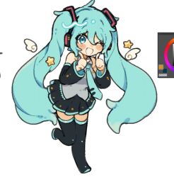 Rule 34 | 1girl, :d, angel wings, aqua hair, aqua necktie, art program in frame, bare shoulders, black footwear, black skirt, black sleeves, blue eyes, blush, boots, breasts, camiyaki, detached sleeves, detached wings, full body, grey shirt, hair between eyes, hands up, hatsune miku, headset, highres, long hair, looking at viewer, medium breasts, necktie, one eye closed, open mouth, pleated skirt, shirt, simple background, skirt, sleeveless, sleeveless shirt, smile, solo, standing, standing on one leg, star (symbol), thigh boots, thighhighs, twintails, very long hair, vocaloid, white background, wings, zettai ryouiki