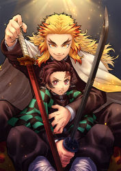 Rule 34 | 2boys, black jacket, black pants, blonde hair, brown hair, burn scar, cape, closed mouth, forked eyebrows, frown, gradient cape, hand on hilt, haori, highres, holding, holding sword, holding weapon, jacket, japanese clothes, kamado tanjirou, katana, kimetsu no yaiba, long sleeves, looking at viewer, multicolored hair, multiple boys, orange hair, pants, red eyes, remsor076, rengoku kyoujurou, scar, scar on face, scar on forehead, sitting, smile, sword, two-tone hair, v-shaped eyebrows, weapon, white cape, yellow cape, yellow eyes