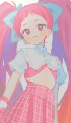 Rule 34 | 1girl, blue hair, blue ribbon, blush, character request, copyright request, crop top, dress, earrings, gloves, highres, jewelry, kouhara yuyu, long hair, looking at viewer, pink dress, pink hair, red eyes, ribbon, simple background, sketch, smile, tagme, twintails, very long hair, white background