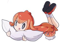 Rule 34 | :q, bbhdrrr, bright pupils, closed mouth, creature and personification, creatures (company), dress, flipped hair, game freak, grey eyes, highres, looking at viewer, lying, nintendo, on stomach, orange dress, orange footwear, orange hair, personification, pillow, pokemon, pokemon (creature), shoes, simple background, smile, socks, tatsugiri, tatsugiri (curly), tongue, tongue out, white background, white pupils