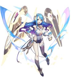 Rule 34 | 1girl, :d, ark order, artist request, asymmetrical legwear, belt, black belt, black shorts, black thighhighs, blue gloves, blue hair, breasts, cleavage, detached sleeves, full body, gloves, gradient hair, hand on own hip, heimdall (ark order), holding, horn (instrument), key, keyring, large breasts, leotard, long sleeves, looking to the side, mismatched legwear, multicolored hair, official art, open mouth, purple hair, short shorts, shorts, sidelocks, single sock, single thighhigh, smile, socks, solo, tachi-e, thighhighs, transparent background, white footwear, white leotard