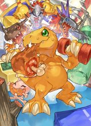 Rule 34 | puff of air, ^ ^, agumon, armor, blue eyes, bone, boned meat, chain, claws, closed eyes, commentary request, cyborg, digimon, digimon (creature), dinosaur, dumbbell, eating, evolutionary line, exercising, closed eyes, fake horns, food, green eyes, greymon, happy, helmet, highres, holding, holding food, horned helmet, horns, imagining, koromon, looking at viewer, looking to the side, meat, mechanical arms, metalgreymon, no humans, open mouth, punching bag, purple wings, red eyes, red hair, sharp teeth, short hair, shoulder armor, shoulder spikes, single mechanical arm, sparkle, spiked hair, spikes, sweat, tapioka chaso, teeth, thought bubble, tongue, torn wings, translation request, tree stump, upper teeth only, wargreymon, wings