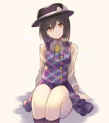 Rule 34 | 1girl, arm support, beige background, black hair, black hat, black socks, bow, breasts, commentary request, cosplay, falken (yutozin), fedora, feet out of frame, hair between eyes, hat, hat bow, head tilt, kneehighs, knees up, long sleeves, looking at viewer, medium breasts, one-hour drawing challenge, orange eyes, plaid, plaid skirt, plaid vest, purple skirt, purple vest, shadow, shirt, short hair, simple background, sitting, skirt, smile, socks, solo, thighs, touhou, usami renko, usami sumireko, usami sumireko (cosplay), vest, white bow, white shirt