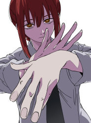 Rule 34 | 1girl, black necktie, chainsaw man, closed mouth, fingernails, ixy, long sleeves, looking at viewer, makima (chainsaw man), necktie, red hair, shirt, simple background, solo, white background, white shirt, yellow eyes