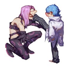 Rule 34 | 2boys, age regression, barefoot, blindfold, blue hair, blush, child, foot on another&#039;s face, ghiaccio, gloves, highres, imminent hug, iroha741852963, jojo no kimyou na bouken, kicking, long hair, male focus, mask, melone, multiple boys, oversized clothes, oversized glasses, oversized object, purple hair, red-framed eyewear, vento aureo, aged down