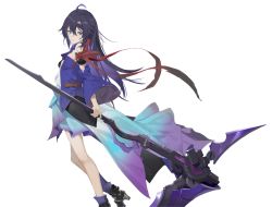 Rule 34 | 1girl, bare shoulders, black footwear, boots, closed mouth, highres, holding, holding scythe, holding weapon, honkai: star rail, honkai (series), jacket, long hair, long sleeves, looking at viewer, purple eyes, purple hair, purple jacket, purple legwear, scythe, seele (honkai: star rail), simple background, weapon, white background, yukizawa xueze