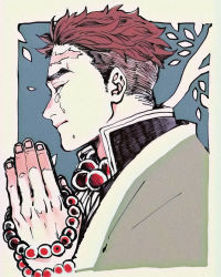 Rule 34 | 1boy, beads, blue background, brown hair, crying, high collar, himejima gyoumei, jewelry, kimetsu no yaiba, necklace, own hands together, prayer beads, scar, scar on face, scar on forehead, short hair, solo, souryu513 (sousuke), tears, white eyes