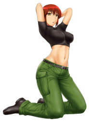 Rule 34 | 1girl, arms behind head, arms up, belt, boots, breasts, brown eyes, covered erect nipples, full body, impossible clothes, impossible shirt, kaibutsu oujo, kneeling, large breasts, md5 mismatch, midriff, navel, red hair, resolution mismatch, riza wildman, shirt, short hair, simple background, solo, source smaller, st.germain-sal