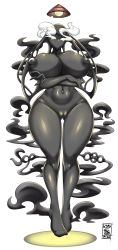 Rule 34 | 1girl, absurdres, black skin, breasts, cleft of venus, colored skin, crossed arms, highres, huge breasts, light, no mouth, personification, scp-080, scp foundation, smoke, solo, thick thighs, thighs, virusotaku
