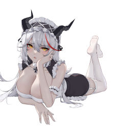 Rule 34 | 1girl, absurdres, aegir (azur lane), aegir (iron blood&#039;s dragon maid) (azur lane), apron, arm under breasts, azur lane, blush, breast press, breast rest, breasts, cleavage, couch, cross, dragon girl, dragon horns, feet, feet up, frills, garter straps, hair between eyes, head rest, highres, horns, indoors, iron cross, jewelry, large breasts, looking at viewer, lying, maid, maid apron, maid headdress, no shoes, official alternate costume, on stomach, open mouth, parted lips, ring, soles, solo, the pose, thighhighs, wedding band, white background, white hair, white thighhighs, wsfw, yellow eyes