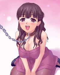 Rule 34 | 1girl, blush, breasts, brown eyes, brown hair, chain, chain leash, cleavage, collar, dress, earrings, happy, high heels, jewelry, leash, long hair, lowres, mitsudomoe, oekaki, open mouth, pantyhose, shoes, sitting, slave, solo, sugisaki marina, thighhighs, v arms, viewer holding leash, wariza, zen
