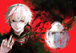 Rule 34 | 1boy, absurdres, black eyes, black nails, black shirt, brown gloves, closed mouth, commentary request, gloves, grey hair, hand up, heterochromia, highres, kaneki ken, kyuuba melo, male focus, mask, messy hair, mouth mask, multiple views, nail polish, red background, shirt, short hair, smile, tokyo ghoul, tokyo ghoul:re
