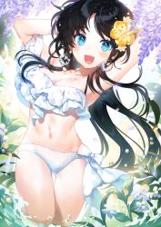 Rule 34 | 1girl, :d, absurdres, armpits, arms up, bikini, black hair, blue eyes, breasts, cleavage, collarbone, commentary request, earrings, flower, frilled bikini, frills, gluteal fold, hair flower, hair ornament, hibiscus, highres, jewelry, leaf, long hair, looking at viewer, medium breasts, open mouth, original, panprika, petals, purple flower, sidelocks, smile, solo, standing, summer, swimsuit, thigh gap, thighs, white bikini, yellow flower