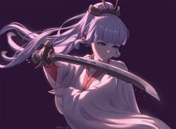Rule 34 | 1girl, alternate costume, ayaka (genshin impact), blue eyes, blunt bangs, closed mouth, commentary, english commentary, fighting stance, genshin impact, hair ribbon, highres, holding, holding sword, holding weapon, japanese clothes, kimono, light particles, long hair, long sleeves, pink ribbon, ponytail, purple background, ribbon, sidelocks, silver hair, simple background, solo, stormstx, sword, tress ribbon, twitter username, upper body, v-shaped eyebrows, very long hair, weapon, white kimono, wide sleeves