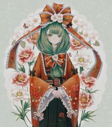 Rule 34 | 1girl, absurdres, bug, butterfly, closed mouth, expressionless, flower, green eyes, green hair, green hakama, hakama, highres, hourai kiriri, insect, japanese clothes, kagiyama hina, kimono, looking at viewer, red flower, red kimono, solo, touhou, white flower