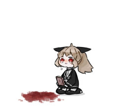 Rule 34 | 1girl, ahoge, animal ears, black jacket, black socks, blood, book, closed mouth, commentary request, crying, crying with eyes open, dog ears, ears down, garter straps, harvest fes, holding, holding book, jacket, kneeling, librarian (project moon), library of ruina, light brown hair, long sleeves, no nose, ponytail, pool of blood, project moon, red eyes, shirt, shorts, socks, solo, tears, white shirt, white shorts