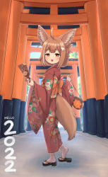 Rule 34 | 1girl, 2022, ahoge, animal ear fluff, animal ears, bag, blush, brown hair, floral print, folded ponytail, fox ears, fox girl, fox tail, hagoita, hair ornament, hairclip, heel up, highres, holding, holding bag, holding paddle, jacy, japanese clothes, kimono, long sleeves, looking at viewer, looking back, obi, okobo, open mouth, orange eyes, original, outdoors, paddle, red kimono, sandals, sash, socks, solo, standing, tail, torii, white socks, wide sleeves