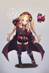 Rule 34 | 1girl, abigail williams (fate), arm up, belt, belt buckle, beret, black bow, black dress, black footwear, black hat, black jacket, black thighhighs, blonde hair, blue eyes, blush, bow, buckle, chain, closed mouth, commentary, cosplay, dress, english commentary, fate/grand order, fate (series), frilled dress, frills, full body, grey background, hat, helena blavatsky (fate), helena blavatsky (fate) (cosplay), helena blavatsky (third ascension) (fate), jacket, long hair, long sleeves, looking at viewer, miya (miyaruta), open clothes, open jacket, orange bow, parted bangs, peaked cap, red belt, ribbed legwear, salute, shadow, shoes, short dress, smile, solo, standing, strapless, strapless dress, thighhighs, twintails, very long hair