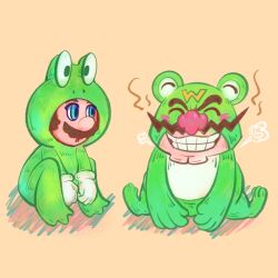 Rule 34 | 2boys, animal costume, big nose, blue eyes, cleft chin, closed eyes, facial hair, frog costume, frog mario, gloves, grin, highres, mario, mario (series), multiple boys, mustache, nintendo, parted lips, simple background, smile, wario, warioware, white gloves, windierrev